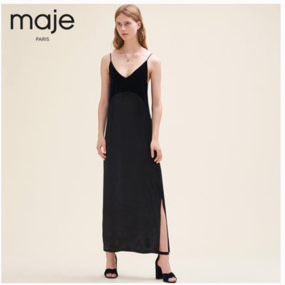 NWT Maje Ryck Velvet and Satin Navy Slip Dress - Picture 2 of 15